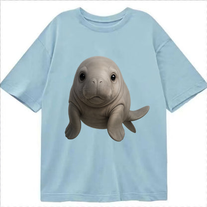 Baby Dugong - gray with paddle tail, gentle expression, whiskers, front-facing, - Classic T-shirt - Light Blue