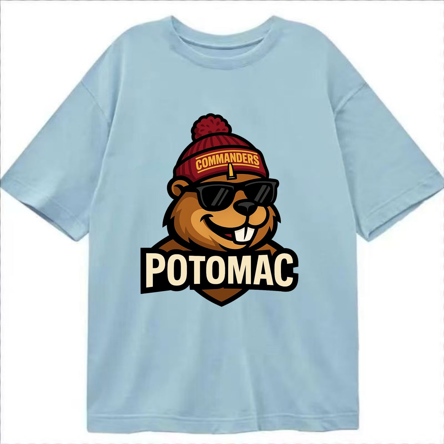Potomac Beaver wearing Commanders beanie with monument patch and wayfarer - Classic T-shirt - Light Blue
