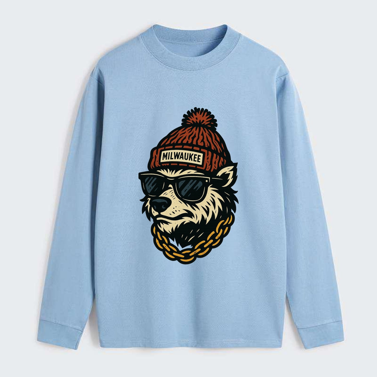 Milwaukee Badger wearing Milwaukee beanie with pom pom and wayfarer - Classic Long Sleeve Shirt - Light Blue