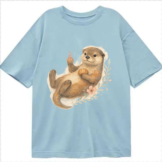 adorable otter floating on back, middle finger up while holding a shellfish - Classic T-shirt - Light Blue