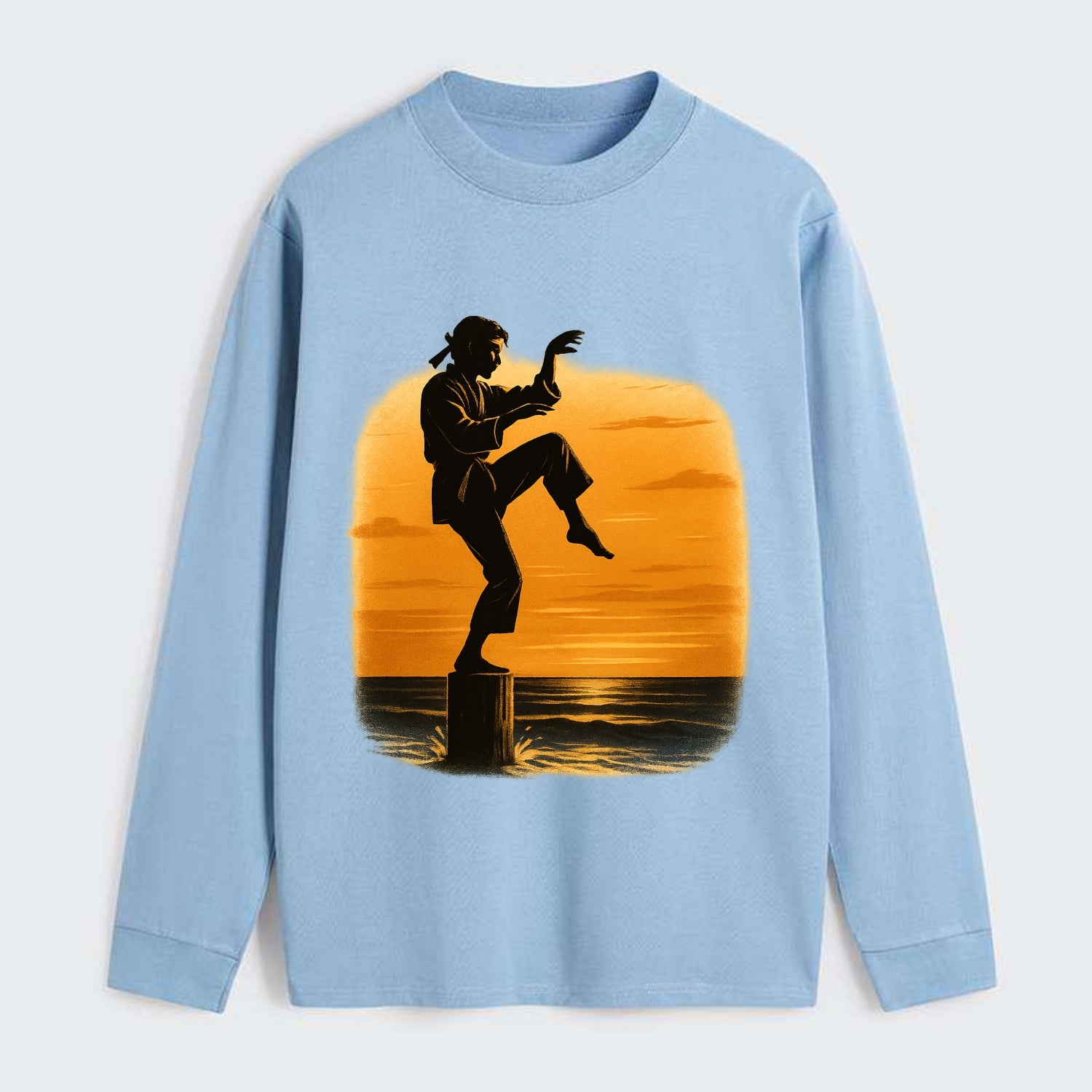 karate crane kick pose on wooden post at beach sunset - Classic Long Sleeve Shirt - Light Blue