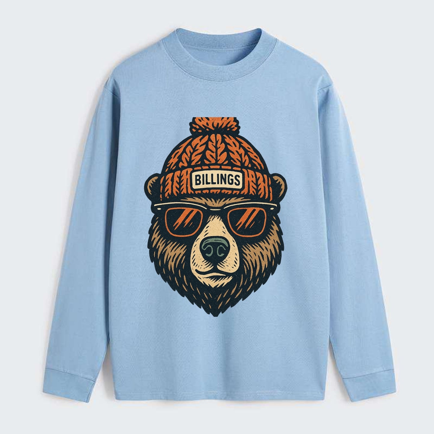 Montana Grizzly Bear wearing Billings beanie with pom pom and wayfarer - Classic Long Sleeve Shirt - Light Blue