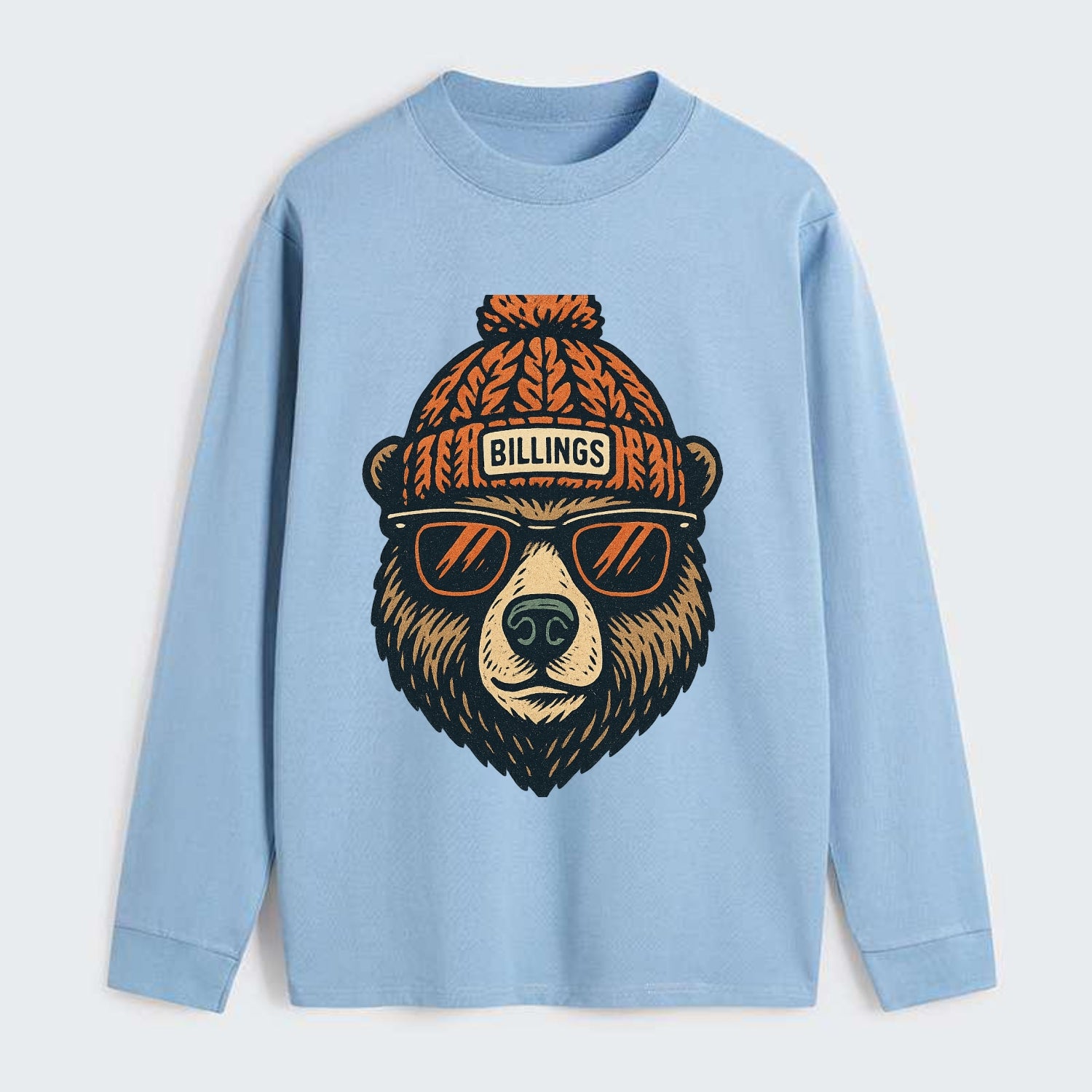 Montana Grizzly Bear wearing Billings beanie with pom pom and wayfarer - Classic Long Sleeve Shirt - Light Blue