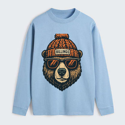 Montana Grizzly Bear wearing Billings beanie with pom pom and wayfarer - Classic Long Sleeve Shirt - Light Blue