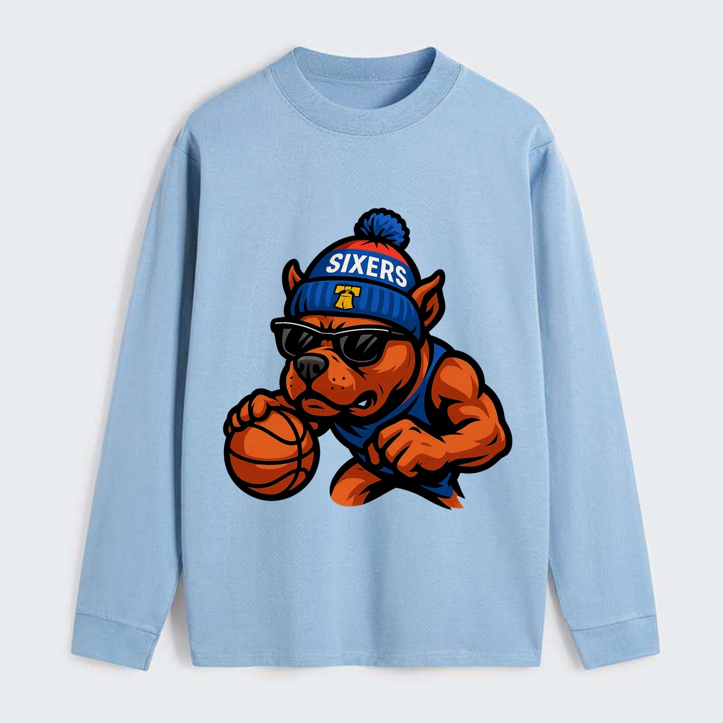 Philly Pitbull wearing Sixers beanie with Liberty Bell and wayfarer - Classic Long Sleeve Shirt - Light Blue