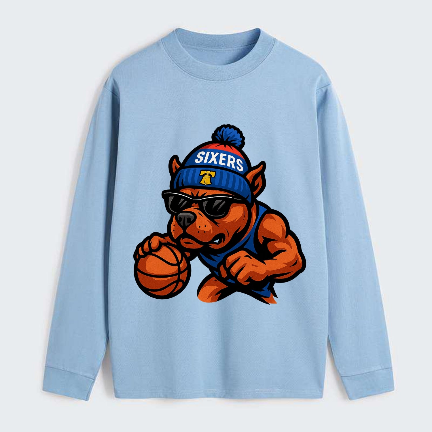 Philly Pitbull wearing Sixers beanie with Liberty Bell and wayfarer - Classic Long Sleeve Shirt - Light Blue