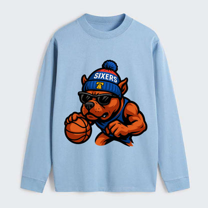 Philly Pitbull wearing Sixers beanie with Liberty Bell and wayfarer - Classic Long Sleeve Shirt - Light Blue