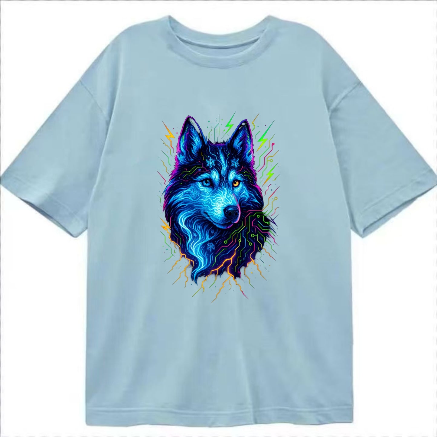 Siberian husky with ice-crystal flowing patterns, electric blue and white swirls, - Classic T-shirt - Light Blue