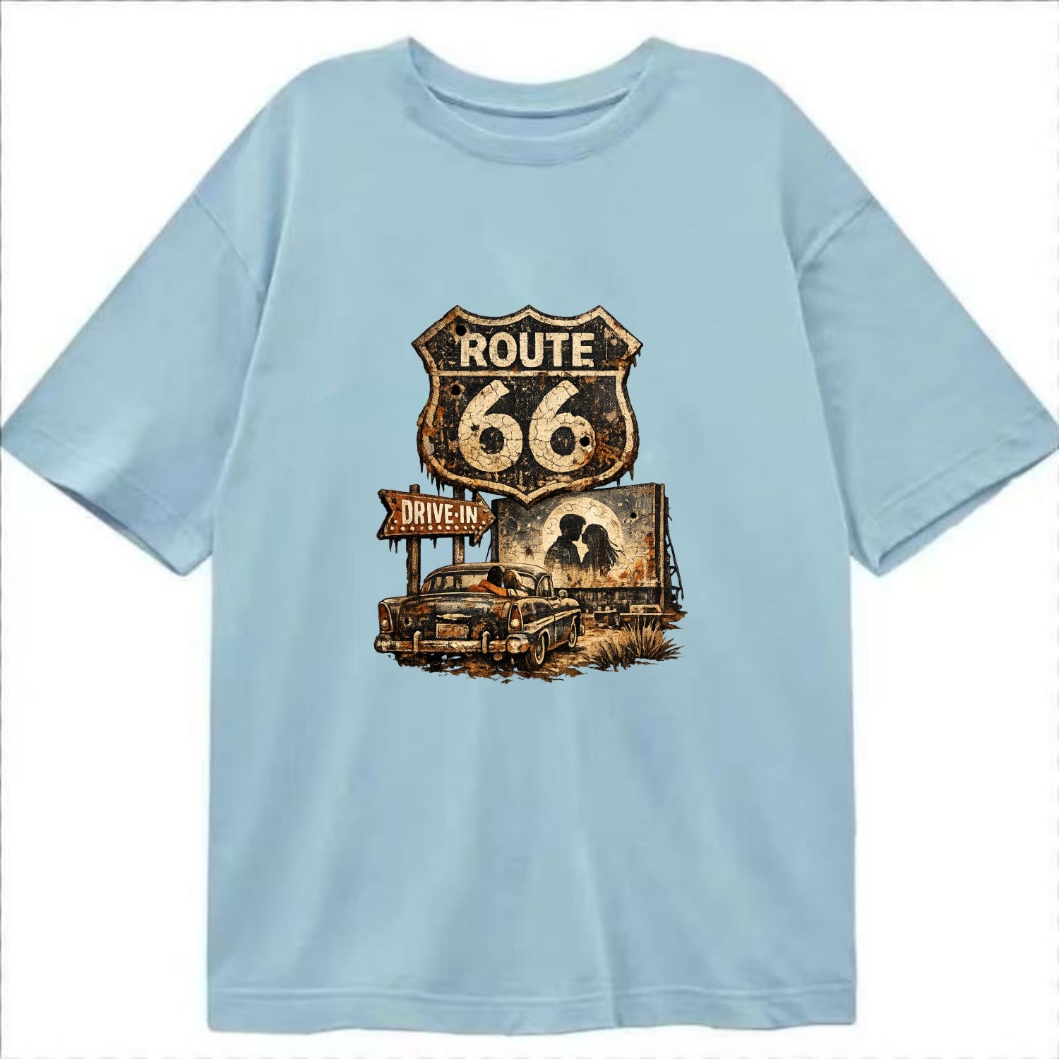 DRIVE-IN | Classic car at drive-in theater | Movie night romance | Americana - Classic T-shirt - Light Blue