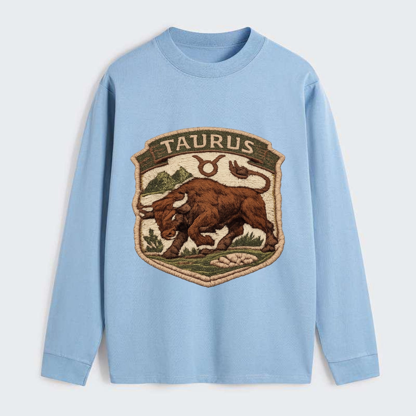 TAURUS BULL - strong bull in brown and green , earth sign - Classic Long Sleeve Shirt - Light Blue