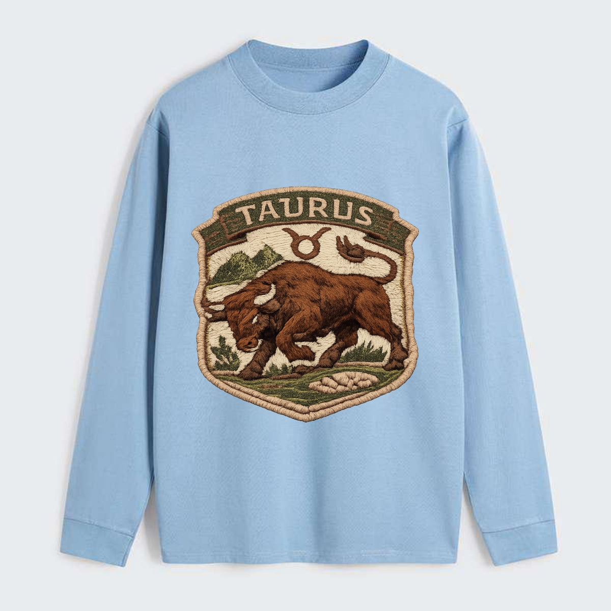 TAURUS BULL - strong bull in brown and green , earth sign - Classic Long Sleeve Shirt - Light Blue