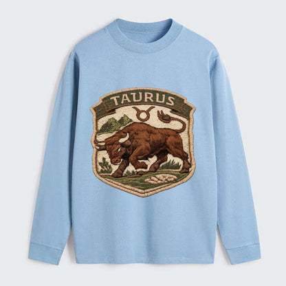 TAURUS BULL - strong bull in brown and green , earth sign - Classic Long Sleeve Shirt - Light Blue