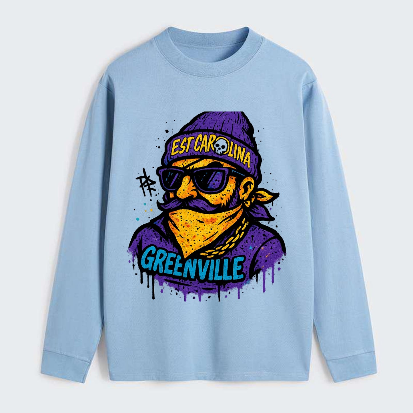 Greenville Pirate wearing East Carolina beanie with skull patch - Classic Long Sleeve Shirt - Light Blue