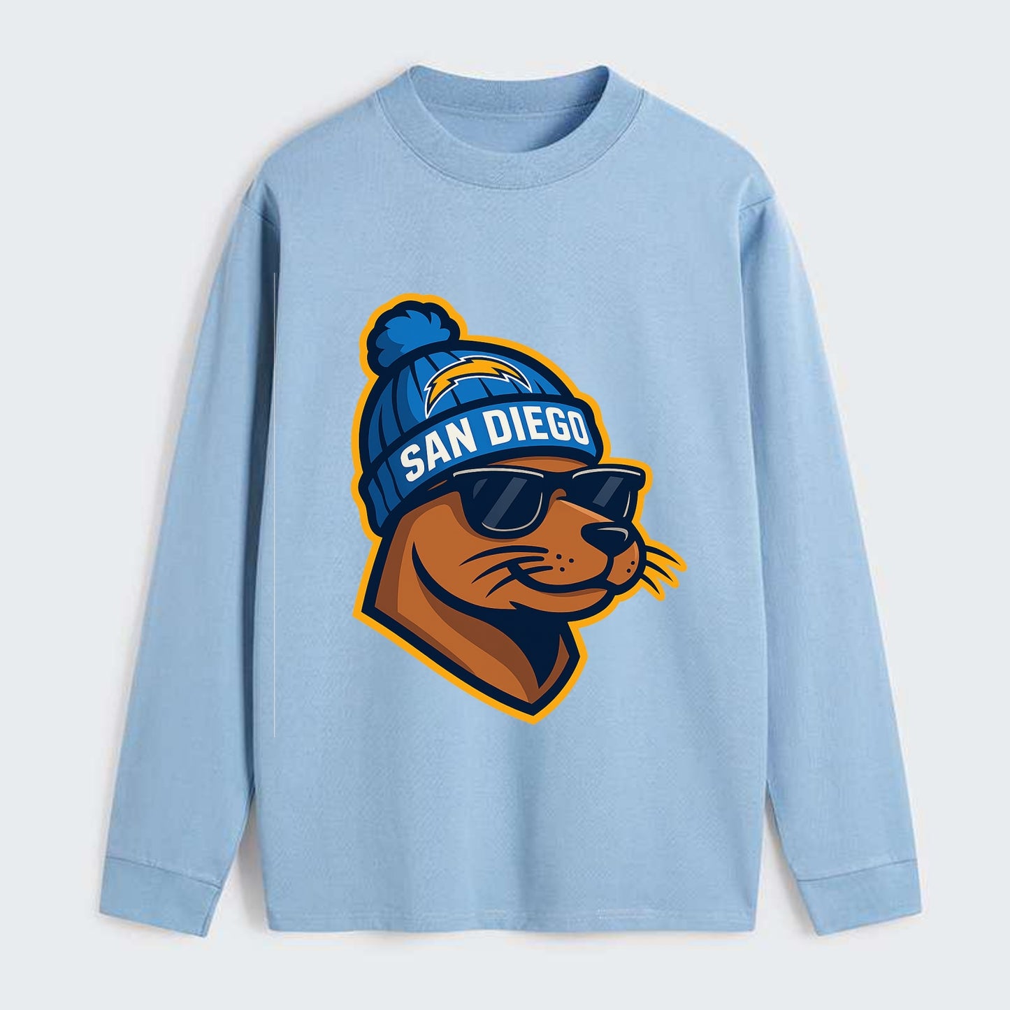 San Diego Sea Lion wearing Chargers beanie with bolt patch and wayfarer - Classic Long Sleeve Shirt - Light Blue
