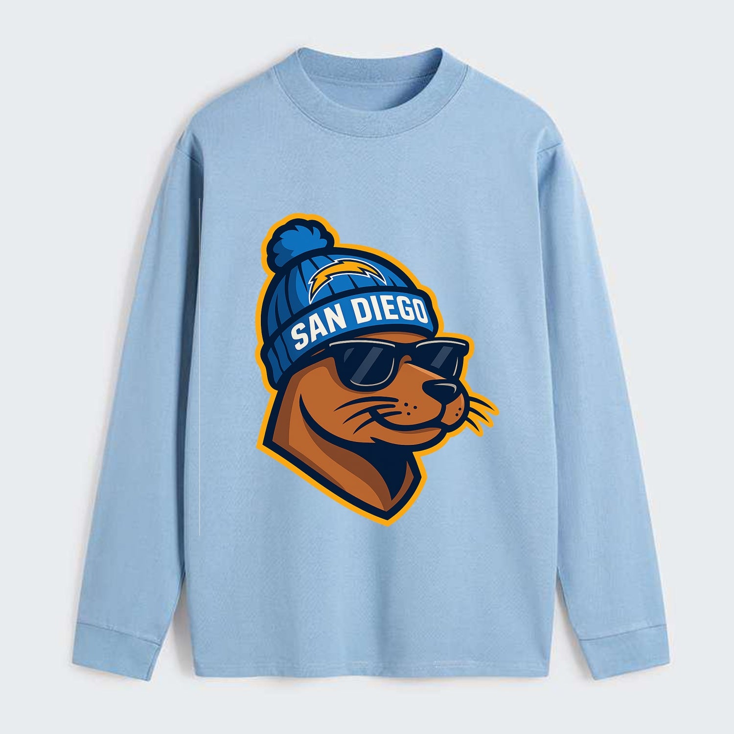 San Diego Sea Lion wearing Chargers beanie with bolt patch and wayfarer - Classic Long Sleeve Shirt - Light Blue