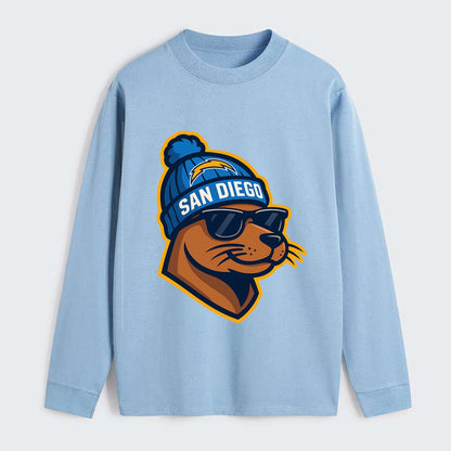 San Diego Sea Lion wearing Chargers beanie with bolt patch and wayfarer - Classic Long Sleeve Shirt - Light Blue