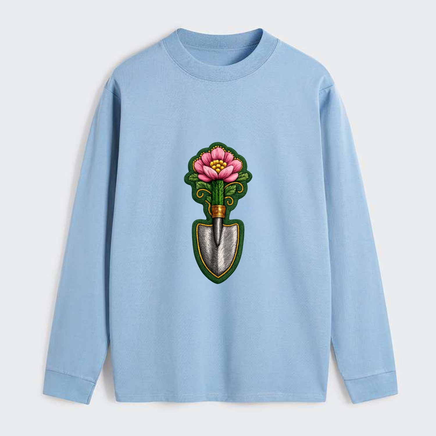 Embroidered patch design - GARDENING TROWEL FLOWER - garden tool with - Classic Long Sleeve Shirt - Light Blue