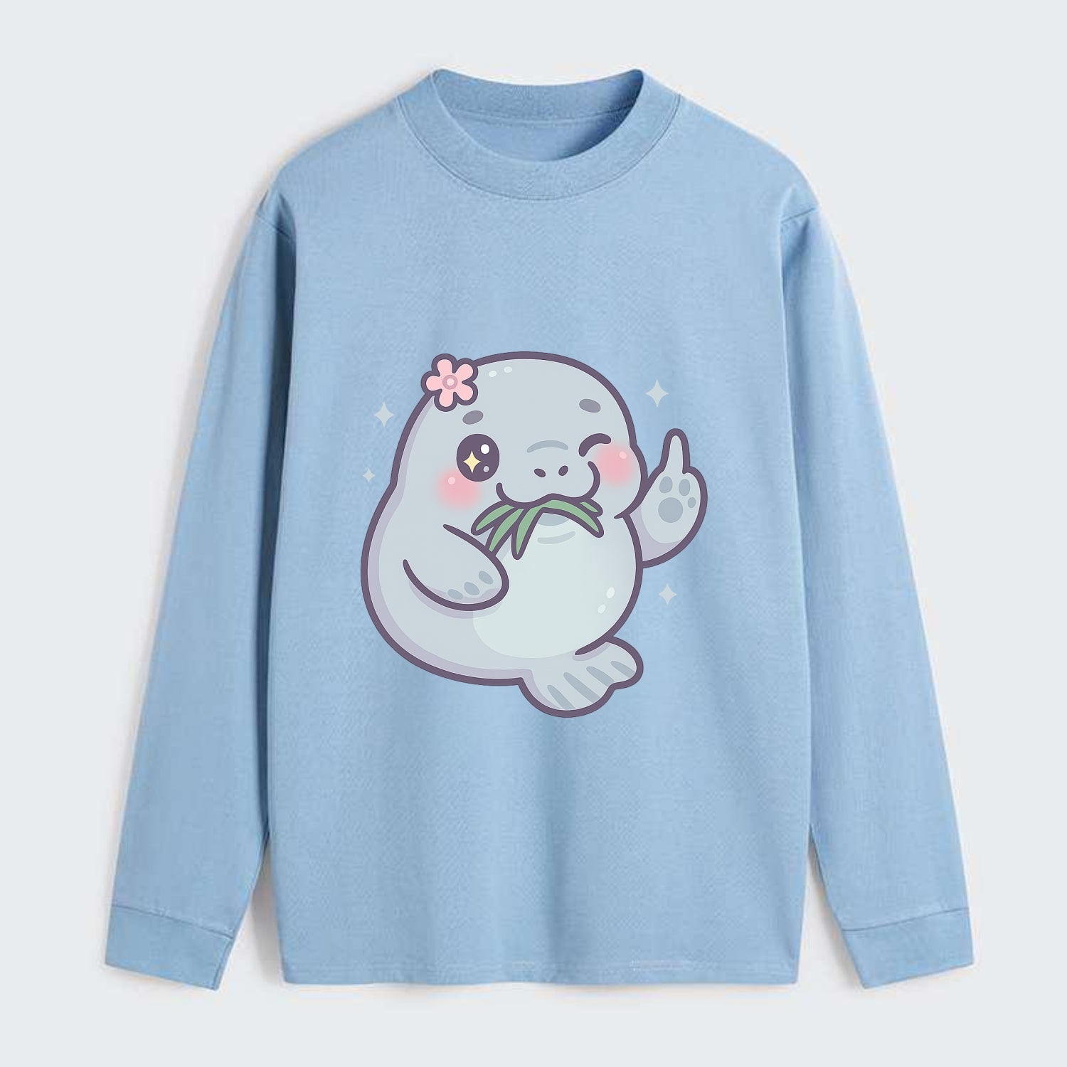 chubby manatee munching on seagrass, one flipper raised with sass - Classic Long Sleeve Shirt - Light Blue
