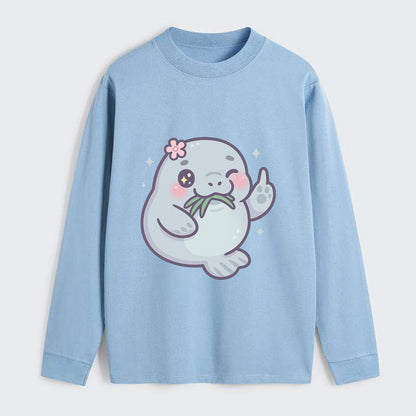 chubby manatee munching on seagrass, one flipper raised with sass - Classic Long Sleeve Shirt - Light Blue