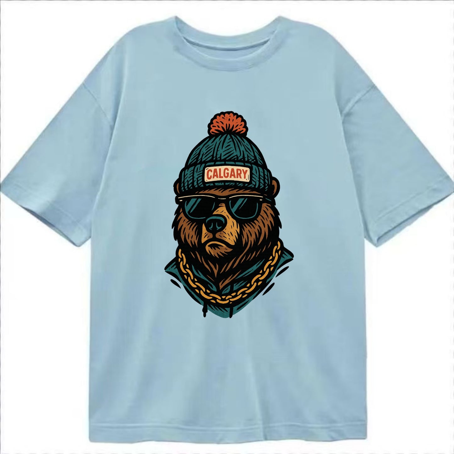 Calgary Grizzly Bear wearing Calgary beanie with pom pom and wayfarer sunglasses - Classic T-shirt - Light Blue