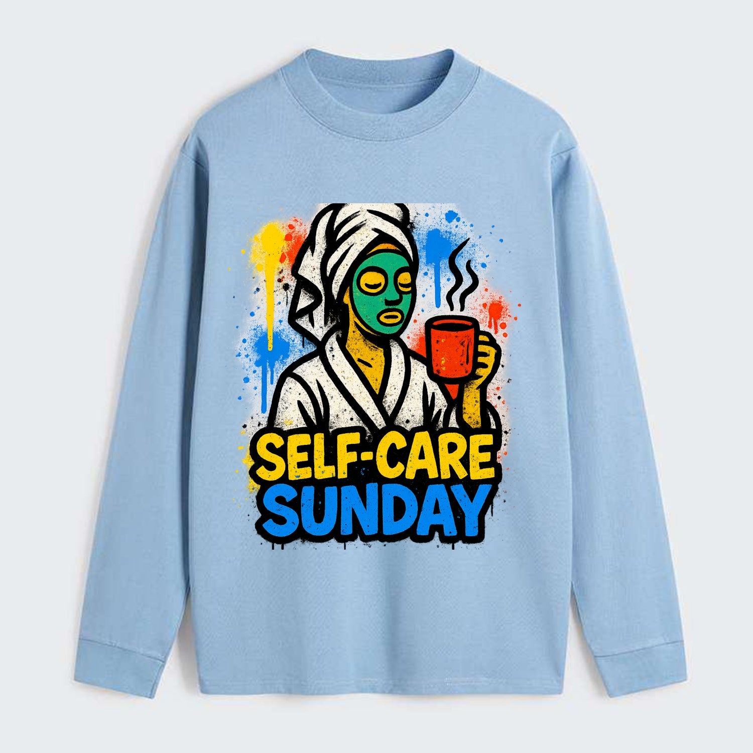 Person in bathrobe with face mask and tea - self-care Sunday ritual, - Classic Long Sleeve Shirt - Light Blue