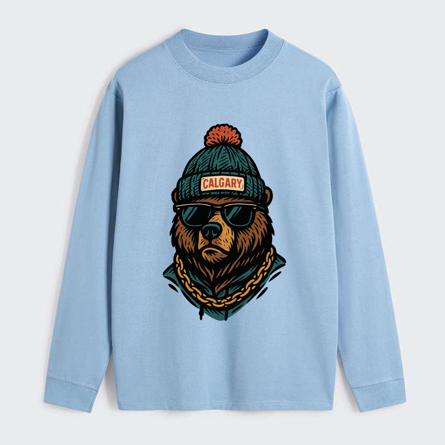Calgary Grizzly Bear wearing Calgary beanie with pom pom and wayfarer - Classic Long Sleeve Shirt - Light Blue