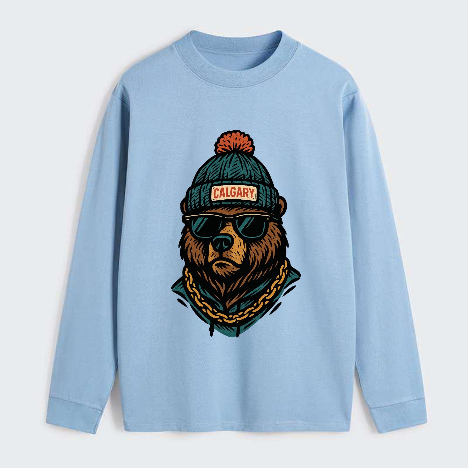 Calgary Grizzly Bear wearing Calgary beanie with pom pom and wayfarer - Classic Long Sleeve Shirt - Light Blue