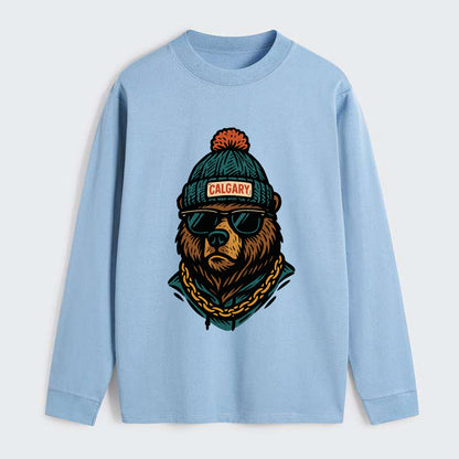 Calgary Grizzly Bear wearing Calgary beanie with pom pom and wayfarer - Classic Long Sleeve Shirt - Light Blue