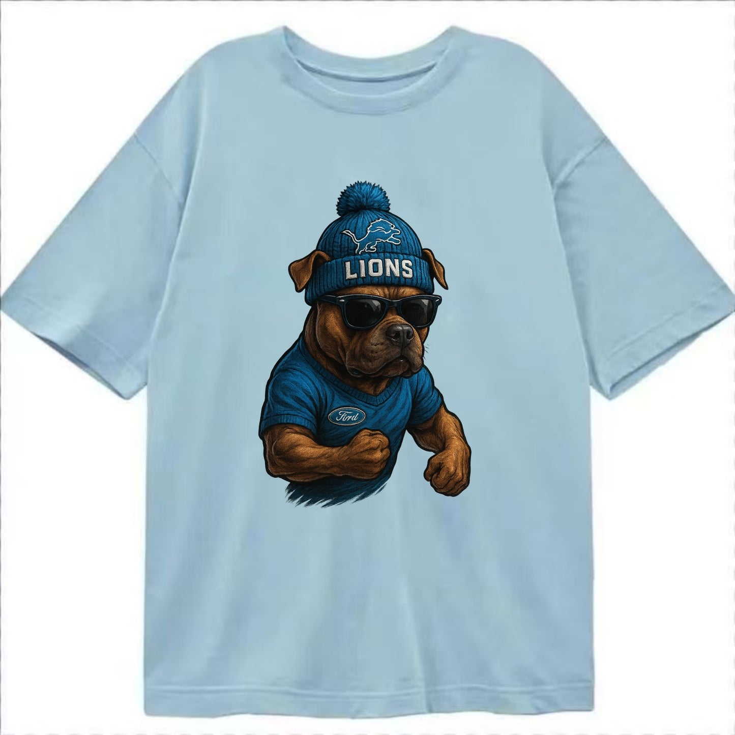 Detroit Pitbull wearing Lions beanie with auto patch and wayfarer sunglasses - Classic T-shirt - Light Blue