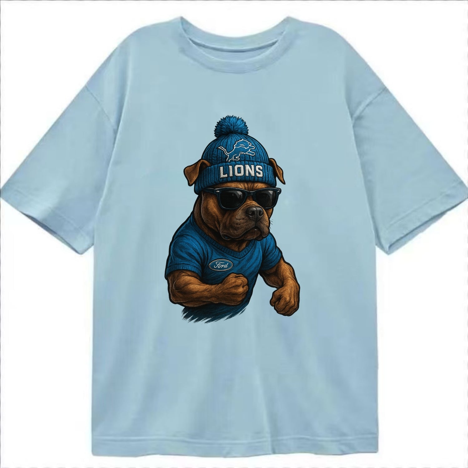 Detroit Pitbull wearing Lions beanie with auto patch and wayfarer sunglasses - Classic T-shirt - Light Blue