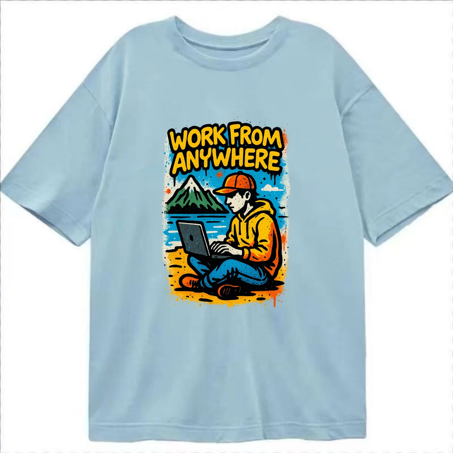 Digital nomad with laptop on beach/mountain - work from anywhere lifestyle, - Classic T-shirt - Light Blue