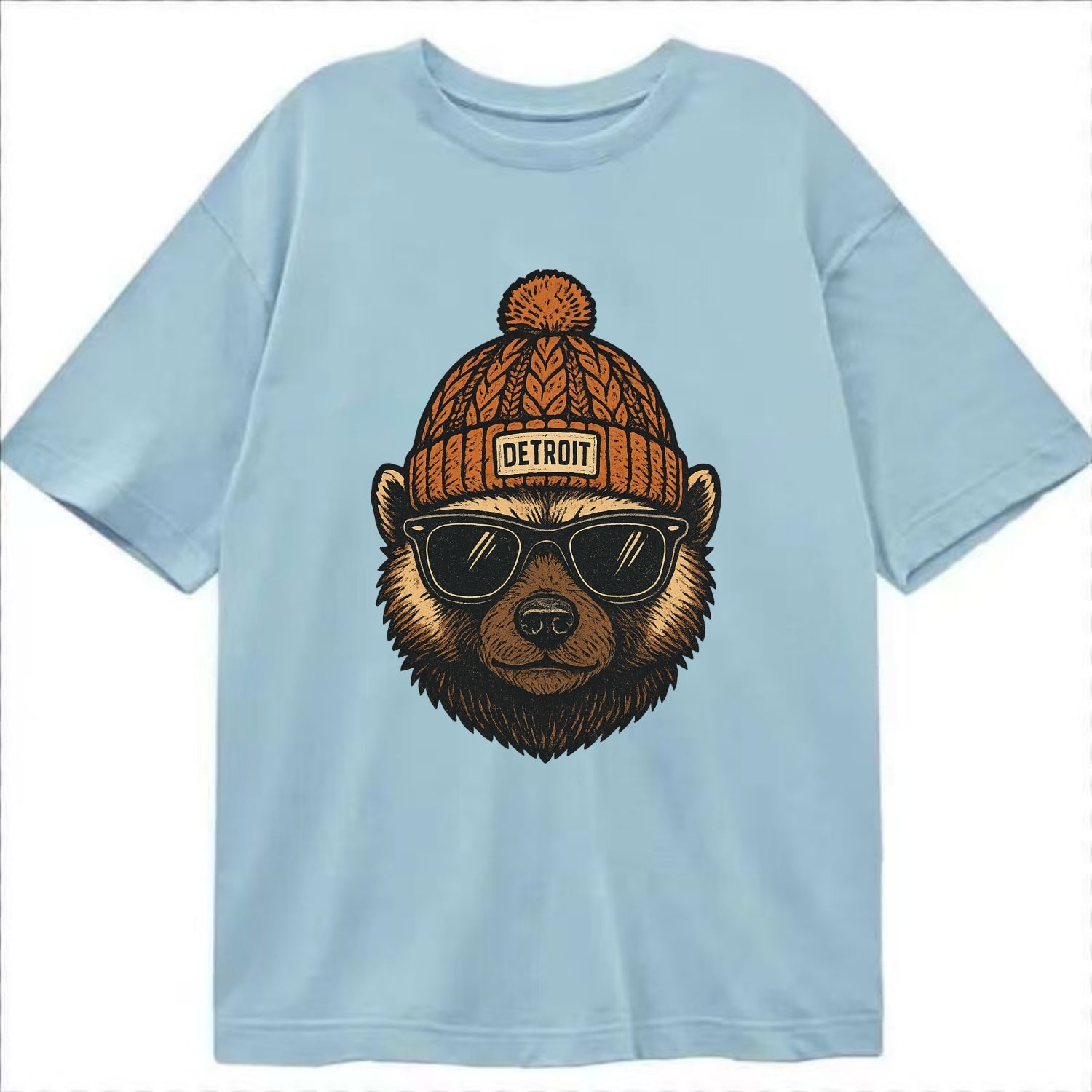 Detroit Wolverine wearing Detroit beanie with pom pom and wayfarer sunglasses - Classic T-shirt - Light Blue