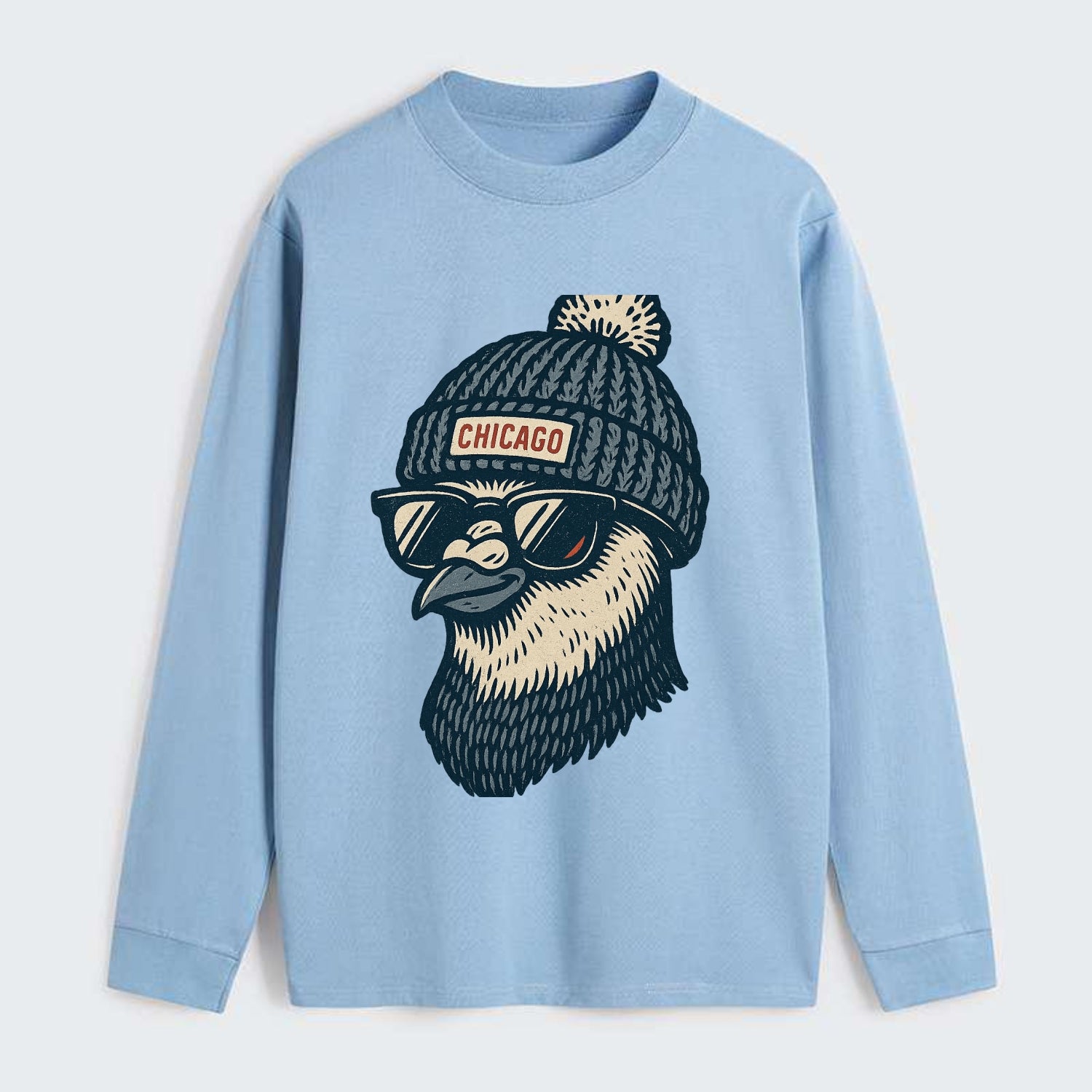 Chicago Pigeon wearing Chicago beanie with pom pom and wayfarer - Classic Long Sleeve Shirt - Light Blue