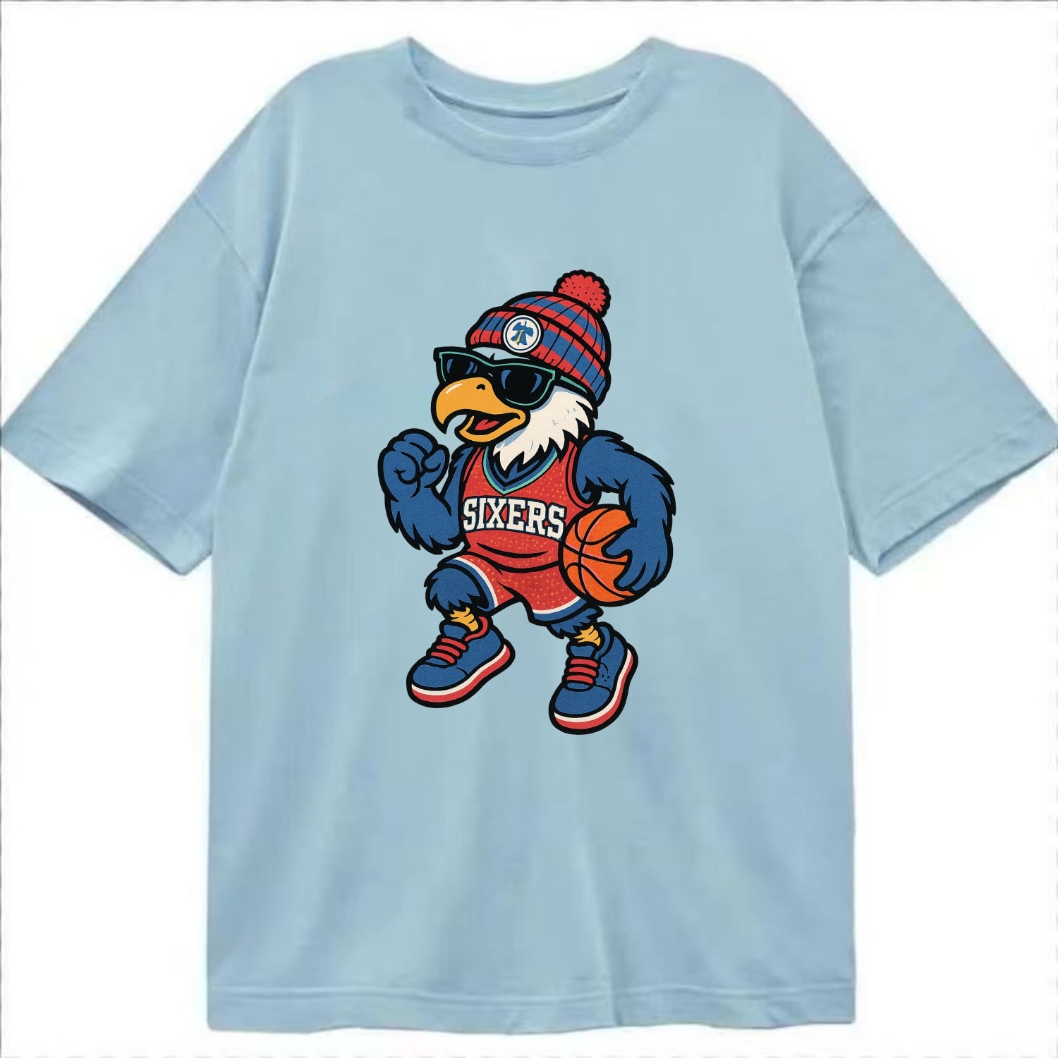 Philadelphia Eagle wearing 76ers red white and blue beanie with bell patch and - Classic T-shirt - Light Blue