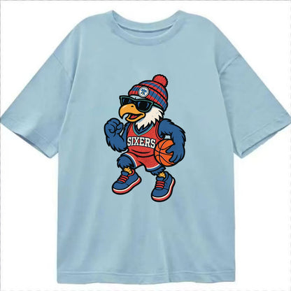 Philadelphia Eagle wearing 76ers red white and blue beanie with bell patch and - Classic T-shirt - Light Blue