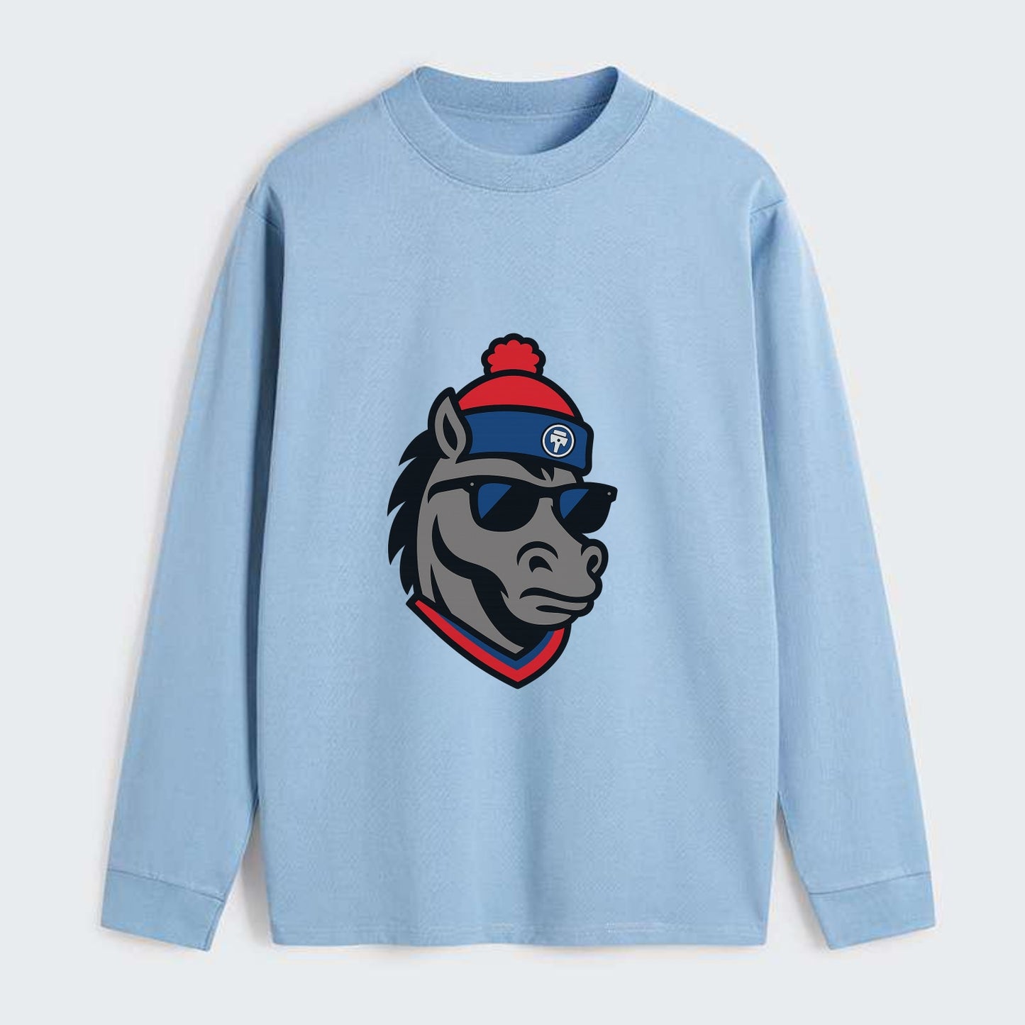 Detroit Stallion wearing Pistons red and blue beanie with piston patch - Classic Long Sleeve Shirt - Light Blue