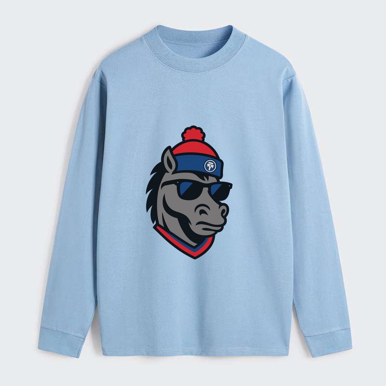 Detroit Stallion wearing Pistons red and blue beanie with piston patch - Classic Long Sleeve Shirt - Light Blue