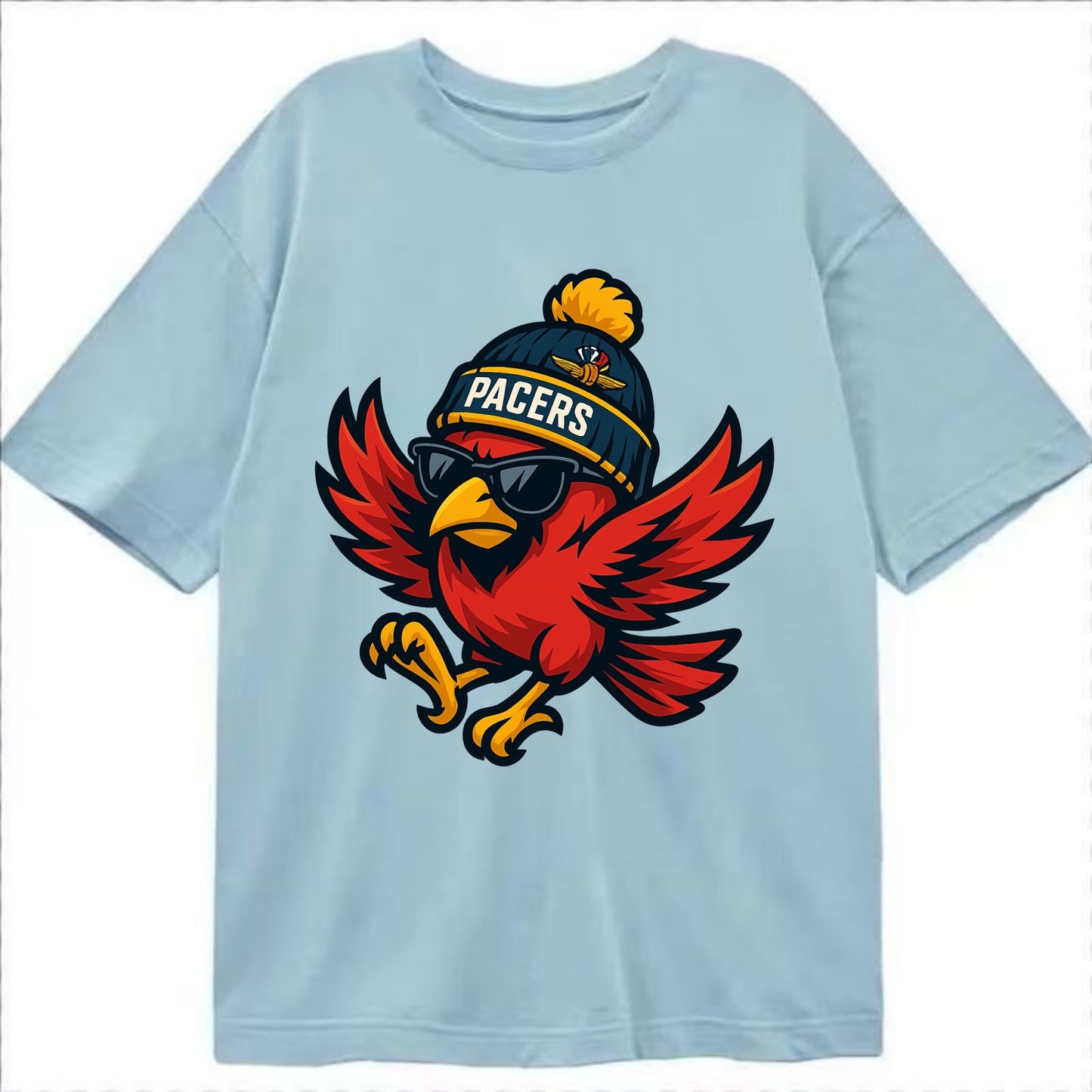 Indiana Cardinal wearing Pacers beanie with speedway patch and wayfarer sunglasses - Classic T-shirt - Light Blue