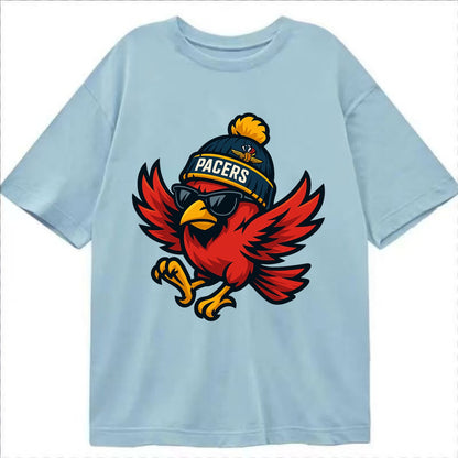 Indiana Cardinal wearing Pacers beanie with speedway patch and wayfarer sunglasses - Classic T-shirt - Light Blue