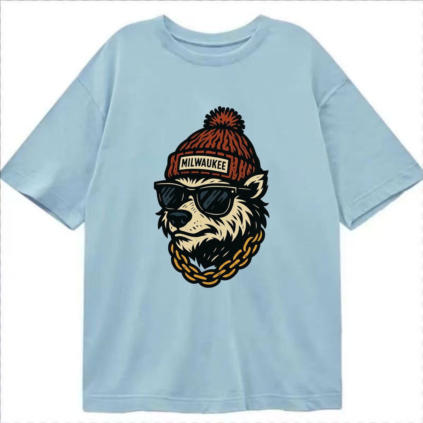 Milwaukee Badger wearing Milwaukee beanie with pom pom and wayfarer sunglasses - Classic T-shirt - Light Blue