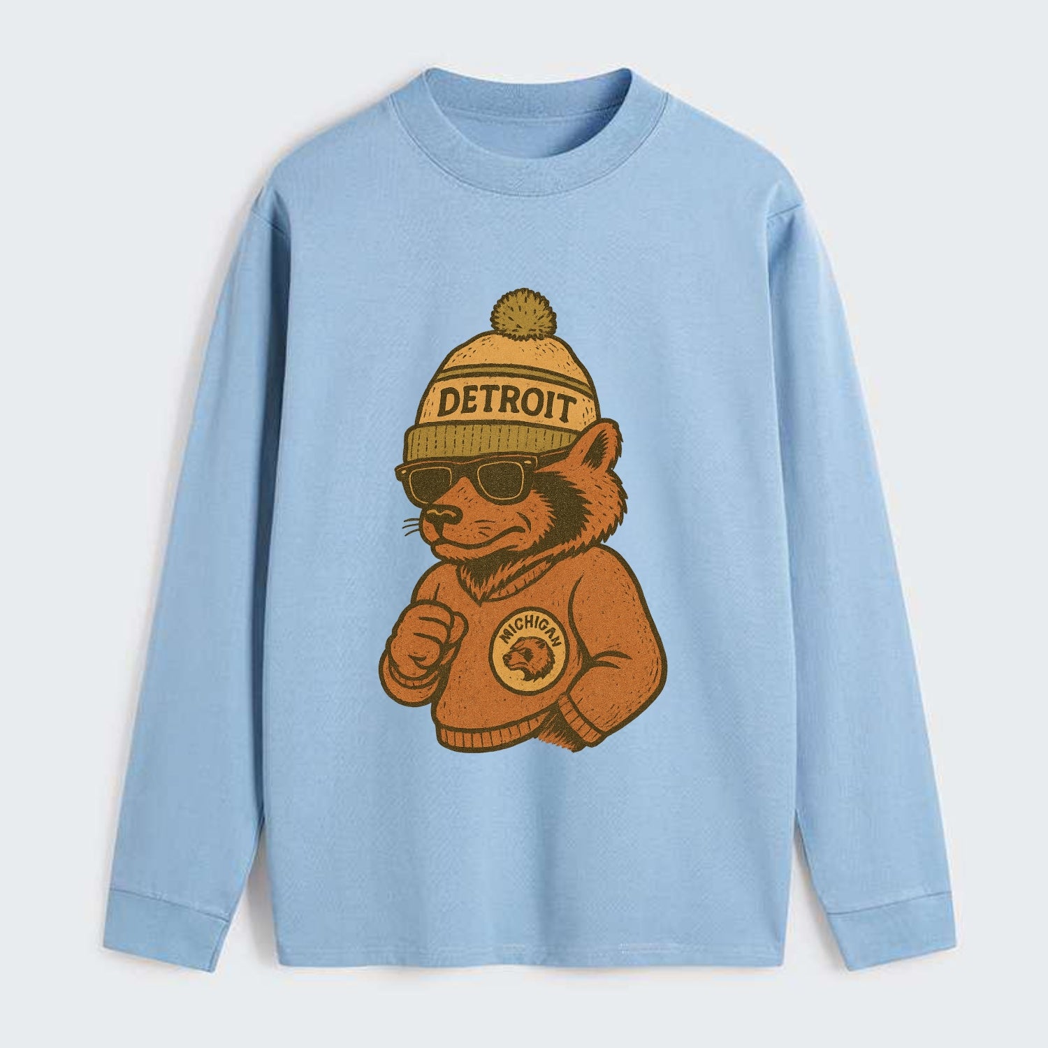 Michigan Wolverine wearing Detroit beanie with pom pom and wayfarer - Classic Long Sleeve Shirt - Light Blue
