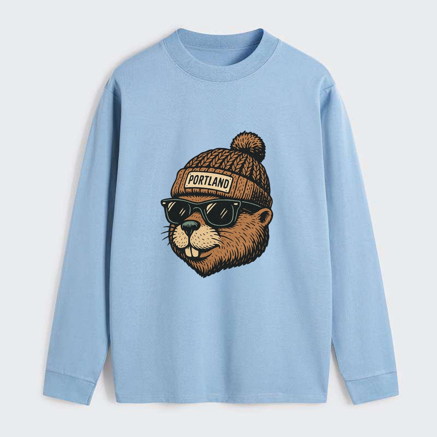 Portland Beaver wearing Portland beanie with pom pom and wayfarer - Classic Long Sleeve Shirt - Light Blue