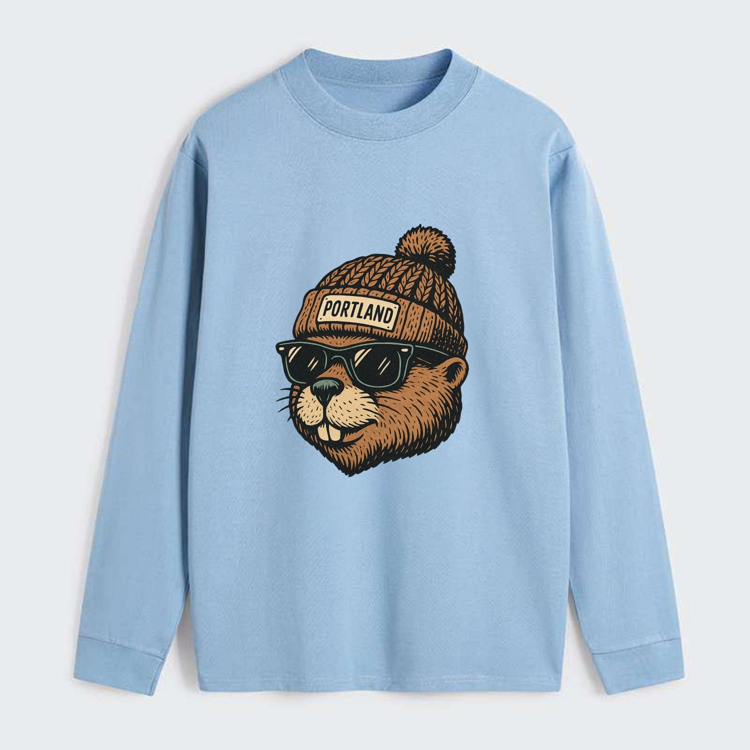 Portland Beaver wearing Portland beanie with pom pom and wayfarer - Classic Long Sleeve Shirt - Light Blue