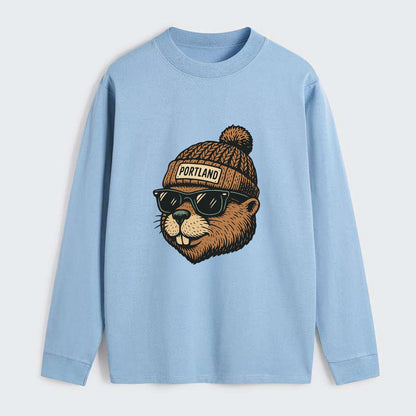 Portland Beaver wearing Portland beanie with pom pom and wayfarer - Classic Long Sleeve Shirt - Light Blue