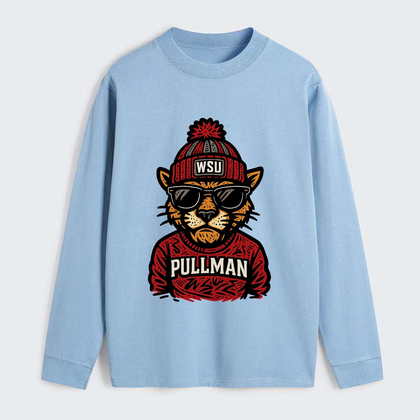 Pullman Cougar wearing Washington State beanie with WSU patch - Classic Long Sleeve Shirt - Light Blue