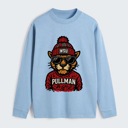 Pullman Cougar wearing Washington State beanie with WSU patch - Classic Long Sleeve Shirt - Light Blue