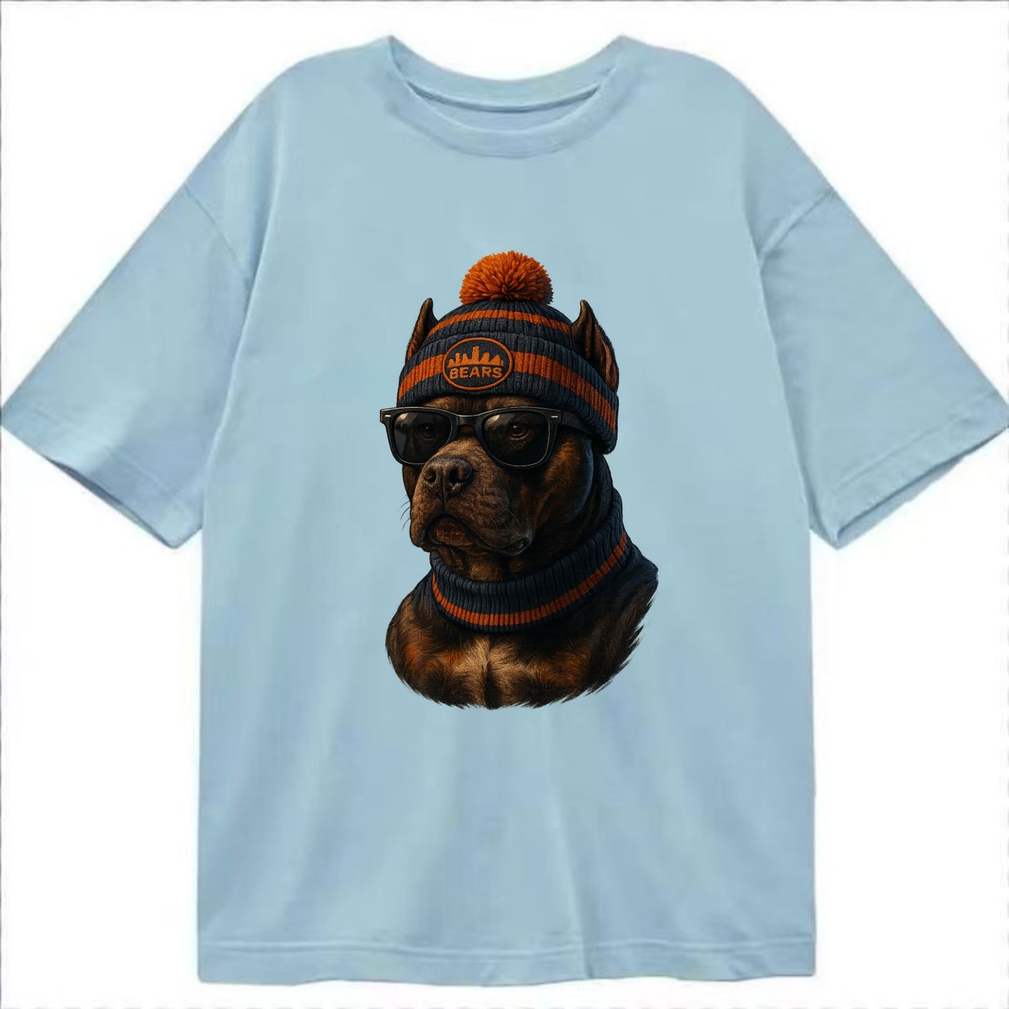 Chicago Pitbull wearing Bears beanie with skyline patch and wayfarer sunglasses - Classic T-shirt - Light Blue
