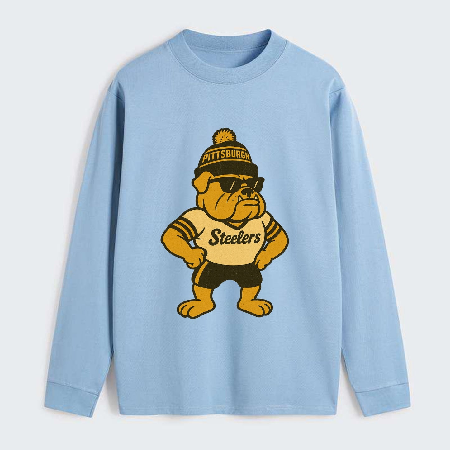 Pittsburgh Bulldog wearing Steelers black and gold beanie with pom pom - Classic Long Sleeve Shirt - Light Blue