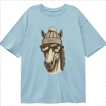 Kentucky Thoroughbred Horse wearing Louisville beanie with pom pom and wayfarer - Classic T-shirt - Light Blue