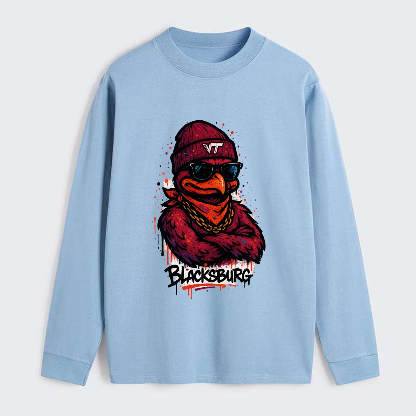 Blacksburg HokieBird wearing Virginia Tech beanie with VT patch - Classic Long Sleeve Shirt - Light Blue